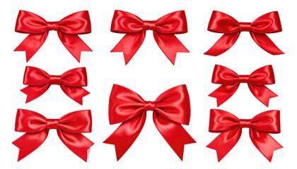 Nine vibrant, glossy red bows are arranged on a black background in varying sizes and orientations