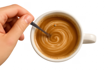 Hand stirring coffee with spoon in white cup