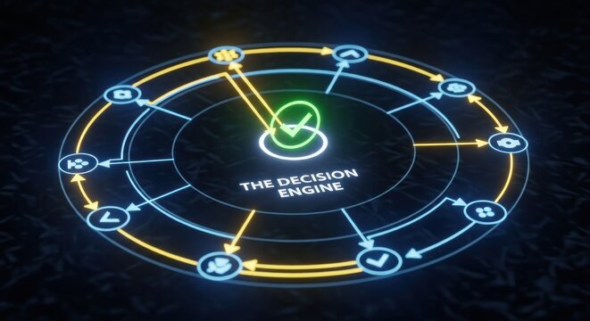 Futuristic holographic diagram displays glowing circular interface with various abstract icons directional arrows, illustrating complex decision-making process system workflow with central