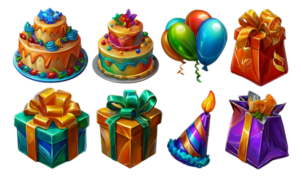 Colorful Celebration Elements with Cakes, Balloons, and Gift Boxes for Festive Events
