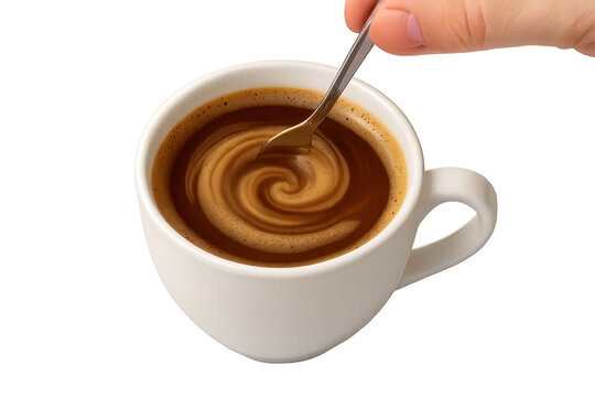 Hand stirring coffee in white cup creating swirl