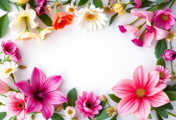 Obraz premium Elegant floral frame, three varieties of blooms arranged symmetrically, flowers, pink