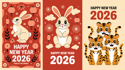 Fototapeta premium Year of the Rabbit and Tiger 2026 Happy New Year, Celebration Illustration