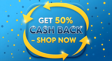 50% Cashback Offer Banner – Blue Promo Graphic with Circular Arrows for Limited-Time Shopping Incentives