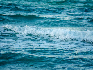 Fototapeta premium A beautiful background of the blue sea surface with a single large wave breaking and creating a line of white foam