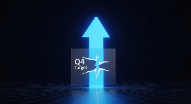 Glowing blue arrow ascends upwards, piercing through transparent cube with "q4 target" stylized abstract element, for success reaching business objectives in final quarter year.