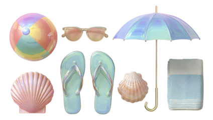 Colorful Beach Items Including Umbrella, Sunglasses, and Sand Toys on Transparent Background