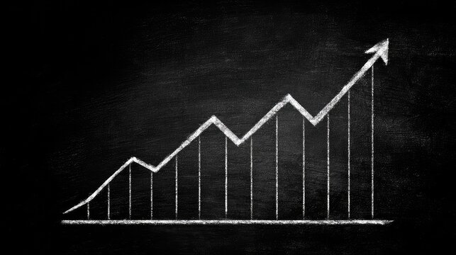 Chalkboard drawing shows an upward trending bar graph with an arrow.