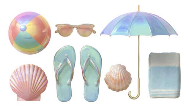 Colorful Beach Items Including Umbrella, Sunglasses, and Sand Toys on Transparent Background