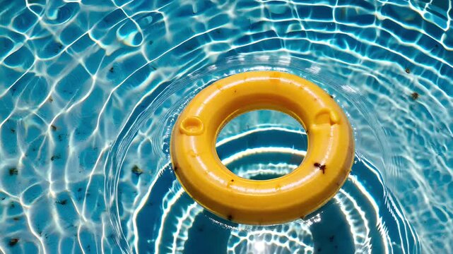 Floating red and white plastic safety life buoy ring in blue sea water or pool for summer help
