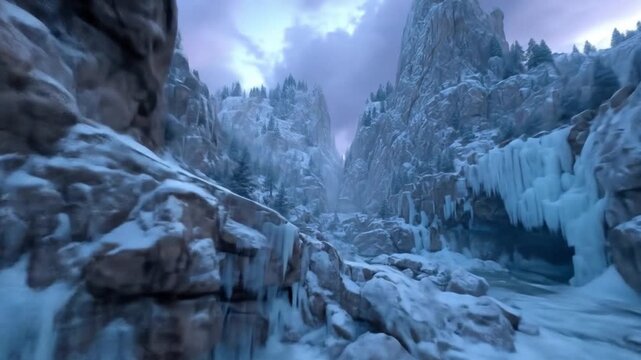 Snowy mountain pass with ice formations and dramatic sky