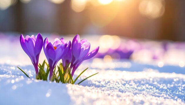 Purple crocuses blooming in snow with a warm golden sunlight shining