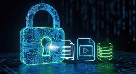 Glowing digital padlock, for data security digital protection, sits alongside icons for documents, video playback, database, all rendered with circuit board patterns neon blue green lights