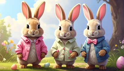 Obraz premium Three anthropomorphic rabbits dressed in jackets posing outdoors