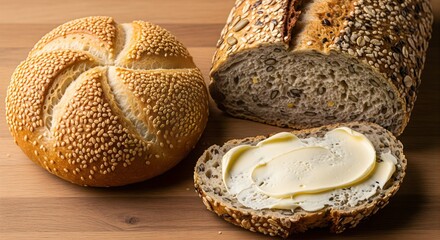 Assorted Breads — Sesame Bun and Multigrain Loaf on Wooden Board