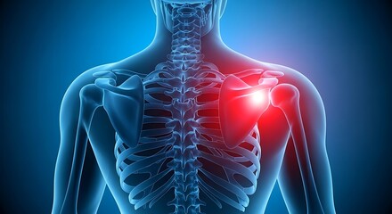 Illustration of a human skeleton with a highlighted shoulder joint, representing shoulder pain and injury, on a blue background