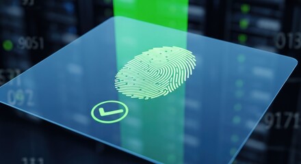 Glowing green fingerprint scan icon with checkmark overlayed on transparent futuristic screen, with blurred server racks digital data in background with abstract technological elements.
