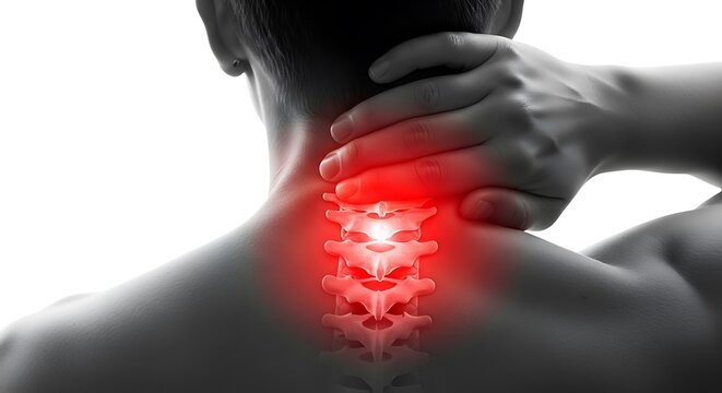 Man with neck pain and spinal problem with red spot isolated on white background healthcare and medical concept office syndrome