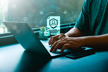 Cybersecurity, data privacy protection on laptop computer with digital shield icon, secure online identity, encrypted information, compliance policy, confidential document security technology concept