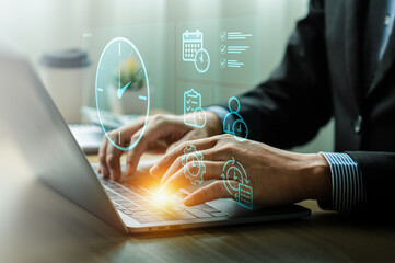 Time management and productivity concept with person typing on laptop surrounded by digital clock, calendar, checklist, workflow icons, symbolizing task scheduling, efficiency, effective organization