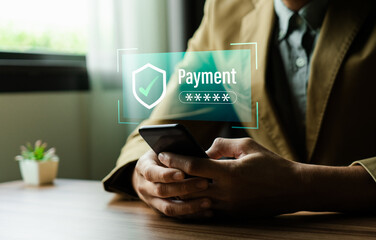 Secure online payment and financial technology concept with user using smartphone and laptop for safe transaction, digital wallet, mobile banking, ecommerce checkout, data protection, cybersecurity