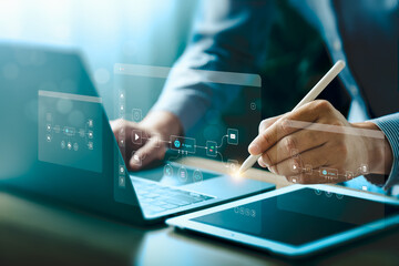 AI agent data tools and workflow automation concept with businessman typing on laptop and interacting with digital process interface for artificial intelligence development, integration, productivity