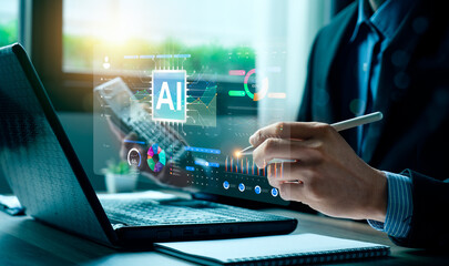 Artificial intelligence analyzing predictive data trends and forecasting business performance through futuristic digital analytics dashboard with advanced visualization and innovation technology