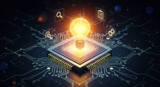 Glowing incandescent light bulb illuminates central microchip, surrounded digital icons for innovation, search, tasks, processes on dark circuit board background with bokeh effects.