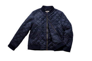 Dark blue quilted bomber jacket with zipper on black background