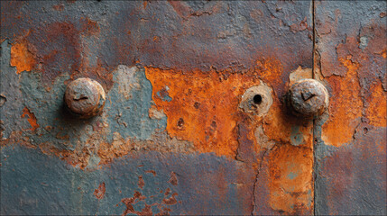 Aged metal door with vibrant rust patterns and bolts, showcasing weathered texture. surface displays mix of orange, brown, and blue hues, highlighting effects of corrosion