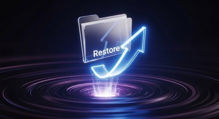 Glowing neon blue arrow symbol emerges stylized digital folder icon, for concept data restore recovery within swirling vortex digital energy.
