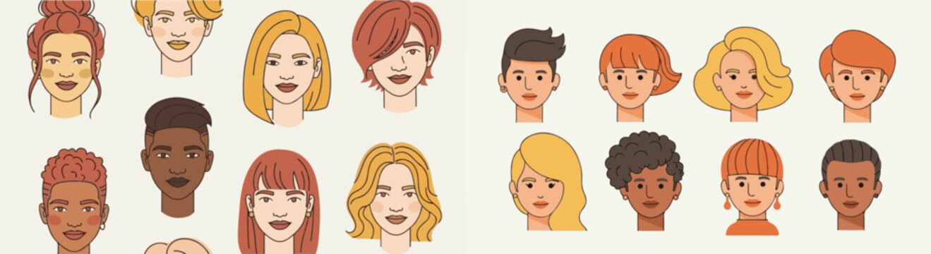 Flat Illustration Diverse Faces with Various Haircuts and Skin Tones