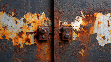 Close up of rusty, weathered metal door with peeling paint and textured surface, showcasing patterns of corrosion and decay. image captures authentic beauty of aged materials