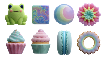 Colorful Frog and Pastel Treats on Transparent Background for Creative Themes