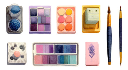 Colorful Watercolor Painting Supplies with Isolated Background for Artistic Themes