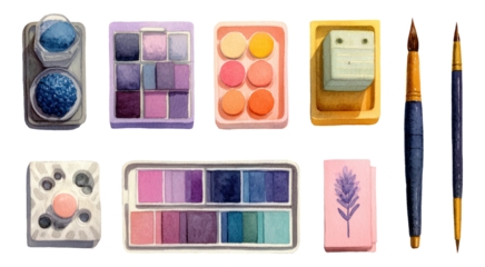 Colorful Watercolor Painting Supplies with Isolated Background for Artistic Themes