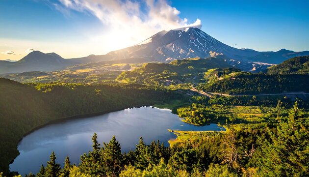 A high-angle view of a mountain lake and mountain in daylight