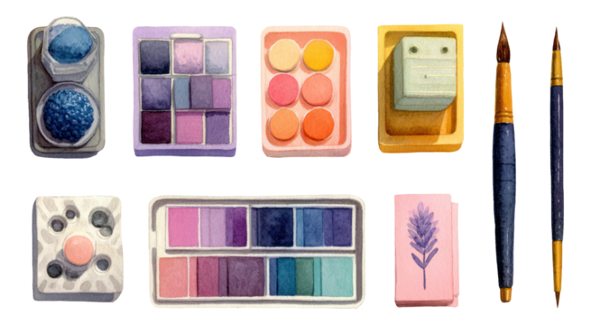 Colorful Watercolor Painting Supplies with Isolated Background for Artistic Themes