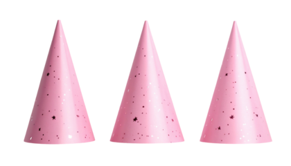 Three pink, conical party hats with small black star shapes, evenly spaced and symmetrical against a dark backdrop