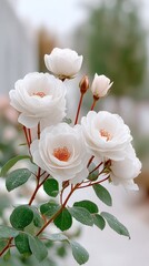 Obraz premium A Close-Up Of White Roses Blooming With Dew Drops On Their Petals And Green Leaves In Soft Natural Lighting