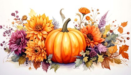 Watercolor illustration of pumpkin with flowers and autumn leaves