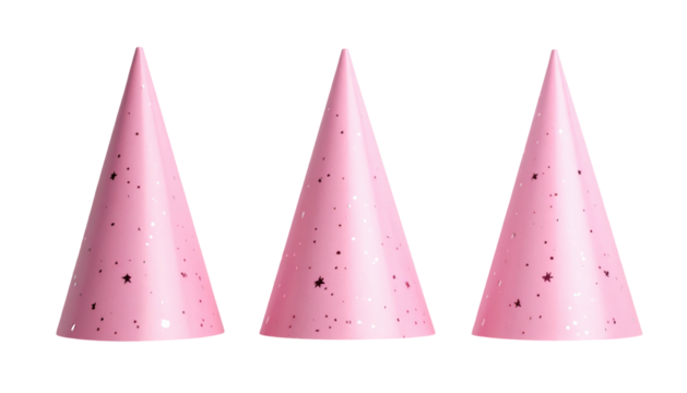 Three pink, conical party hats with small black star shapes, evenly spaced and symmetrical against a dark backdrop