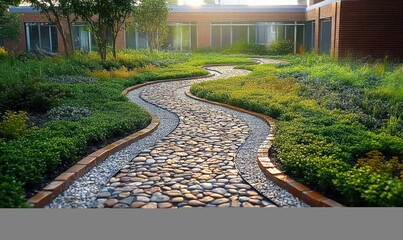 Winding pebble and stone pathway bordered by green foliage and shrubs in a peaceful courtyard garden between brick buildings with sunlight filtering through trees