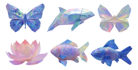 Colorful Origami Objects in Transparent Style with Butterfly and Fish Designs