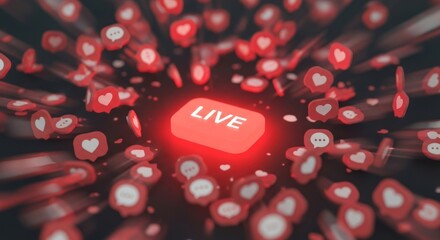 Glowing red 'live' button center dynamic explosion social media like icons, including hearts speech bubbles, for real-time engagement online interaction.