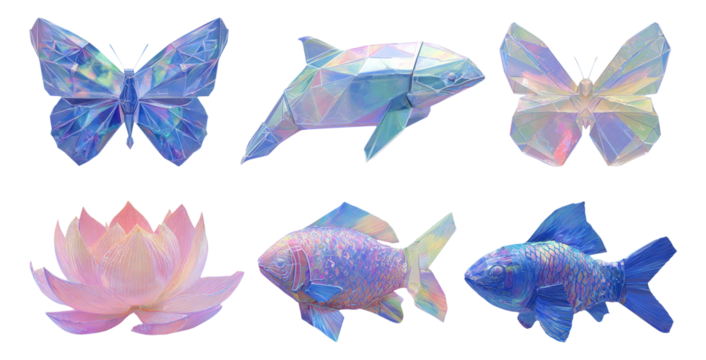 Colorful Origami Objects in Transparent Style with Butterfly and Fish Designs