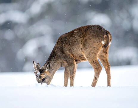 A deer forages in snow, surrounded by a blurred wintery backdrop