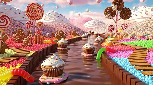 Sweet flowing chocolate river through candy garden fantasy world animation