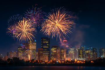 Stunning city skyline illuminated by vibrant fireworks display, capturing the excitement and celebration of a special occasion, perfect for events