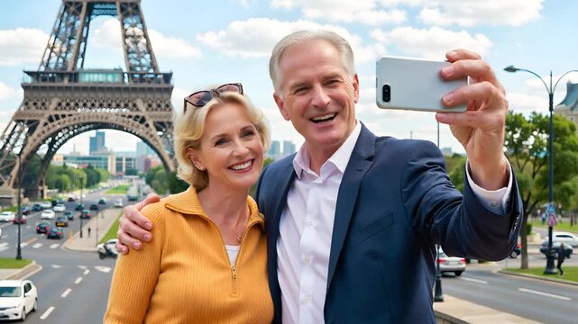 Young couple smiling together and taking a picture outdoors in Paris